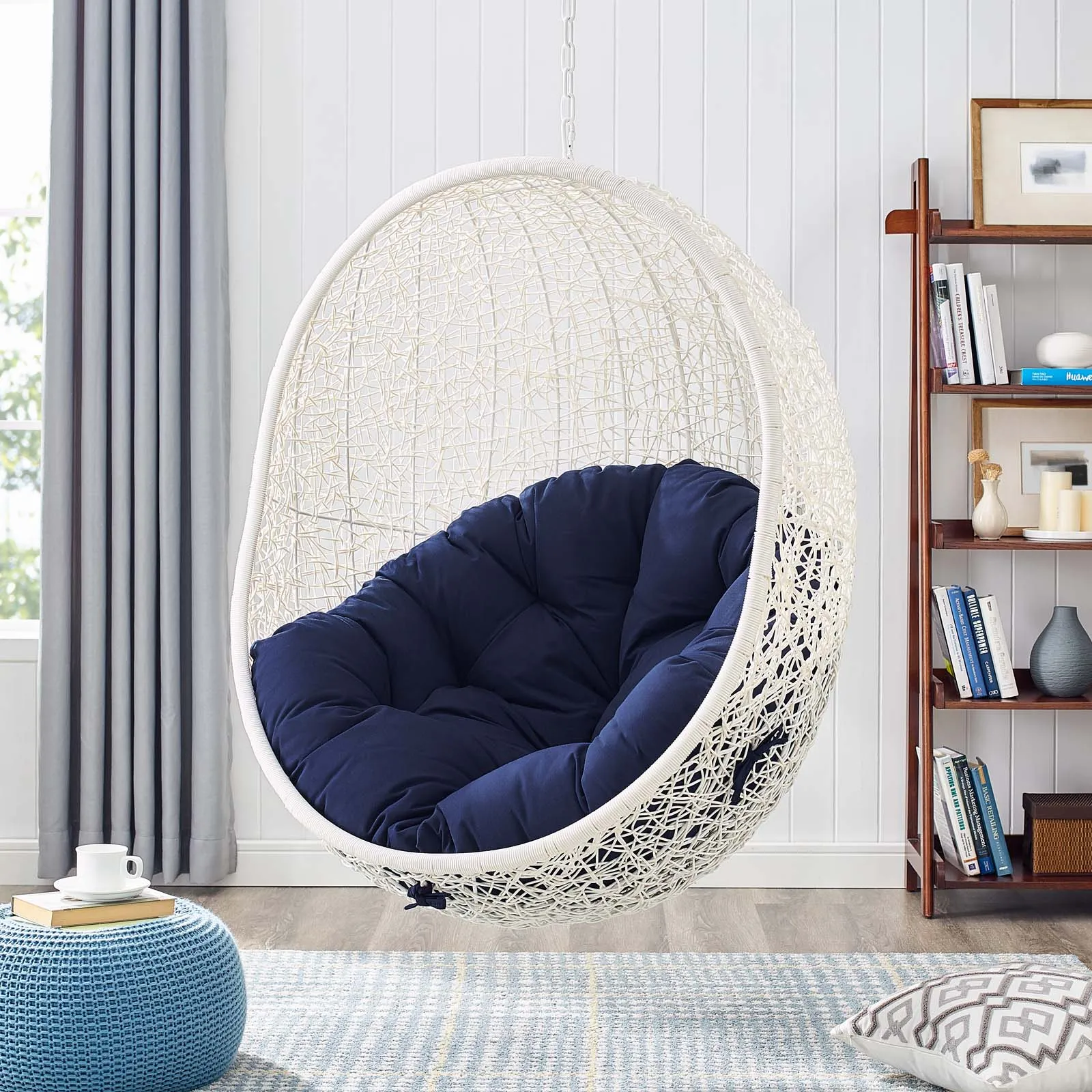 Hide Outdoor Patio Sunbrella® Swing Chair With Stand White Navy EEI-3929-WHI-NAV