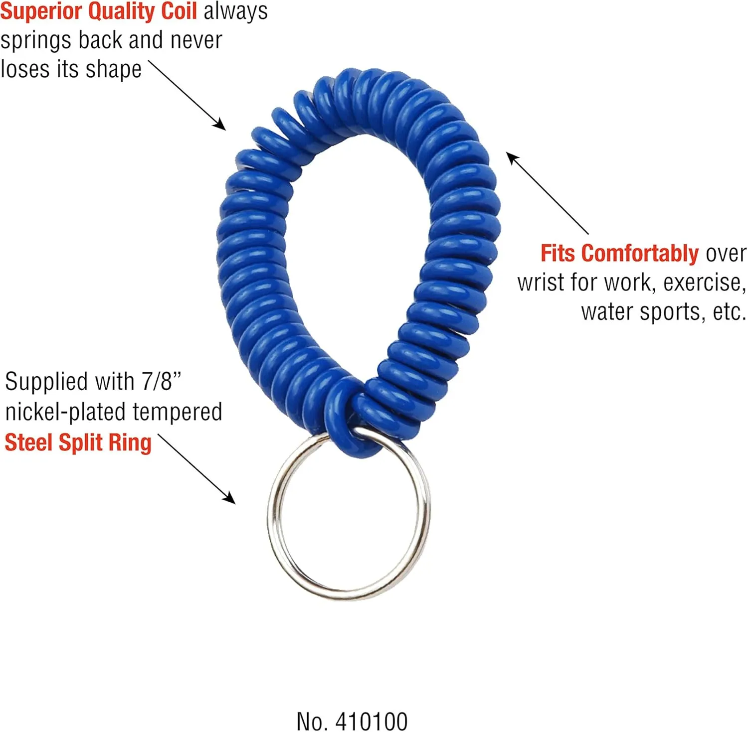 Lucky Line 2 Spiral Wrist Coil with Steel Key Ring, Flexible Wrist Band Key Chain Bracelet, Stretches to 12, Blue, 1 PK (410351)