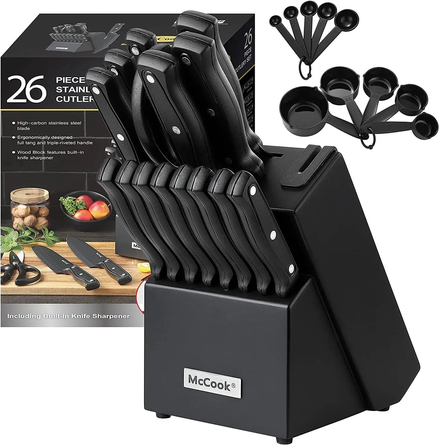 McCook DISHWASHER SAFE MC701 black Knife Sets of 26, Stainless Steel Kitchen Knives Block Set with Built-in Knife Sharpener, Measuring Cups and Spoons
