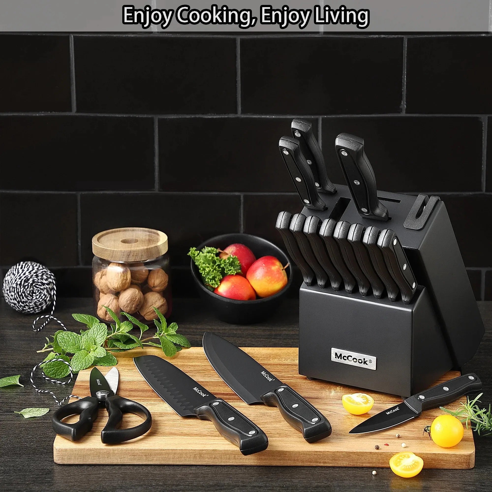 McCook DISHWASHER SAFE MC701 black Knife Sets of 26, Stainless Steel Kitchen Knives Block Set with Built-in Knife Sharpener, Measuring Cups and Spoons