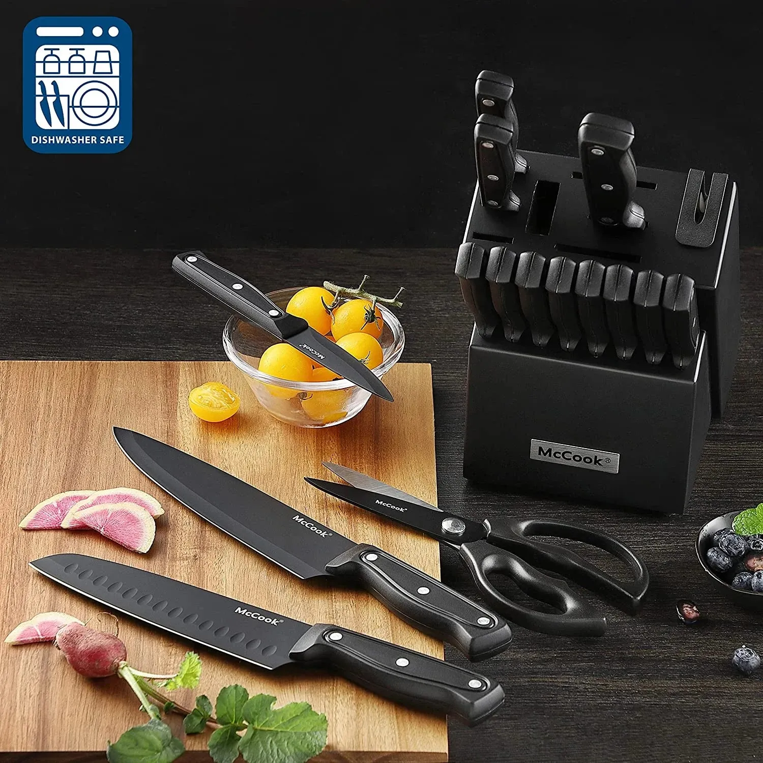 McCook DISHWASHER SAFE MC701 black Knife Sets of 26, Stainless Steel Kitchen Knives Block Set with Built-in Knife Sharpener, Measuring Cups and Spoons