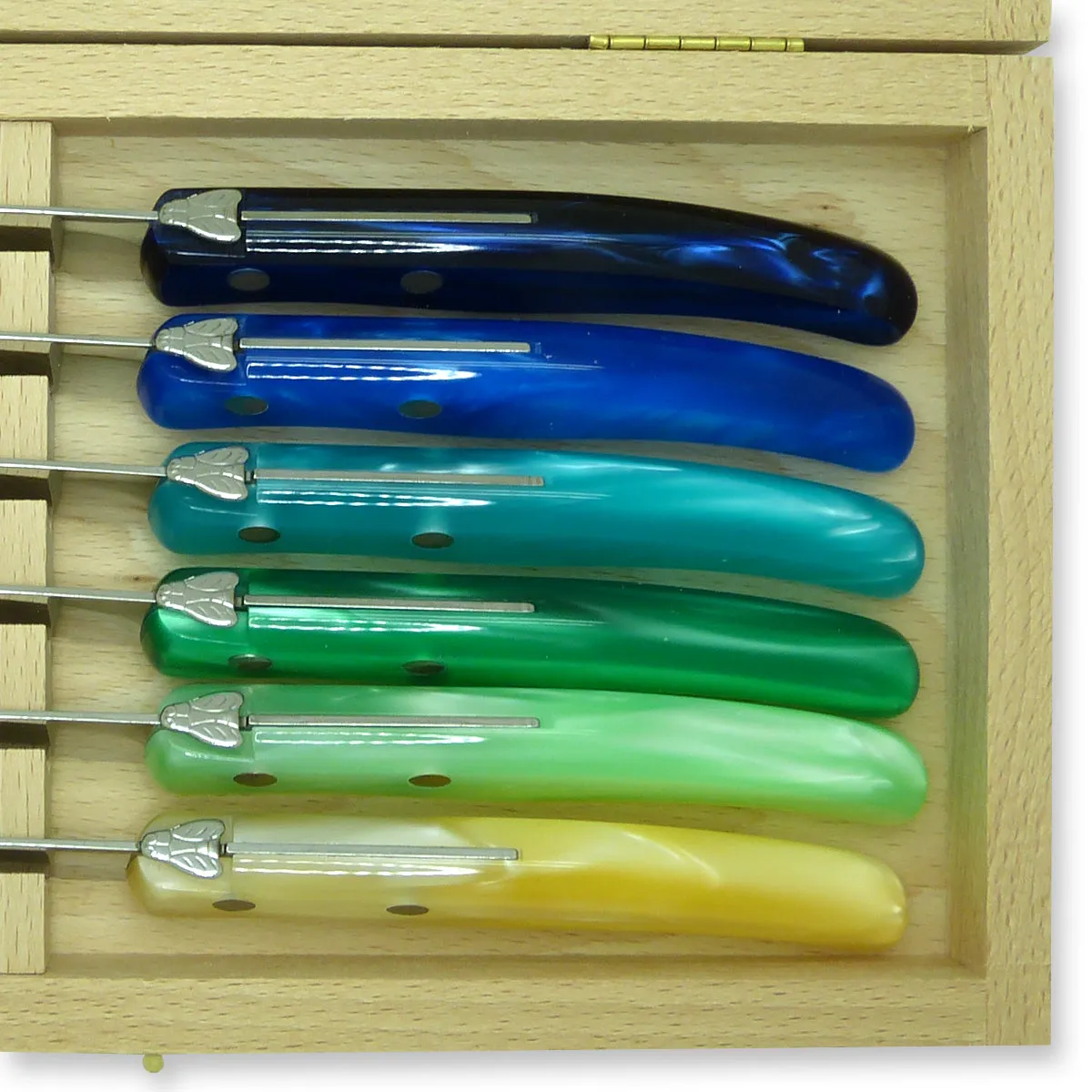 NEW Claude Dozorme Laguiole Steak Knife Gift Set of 6 Mixed Blue Green