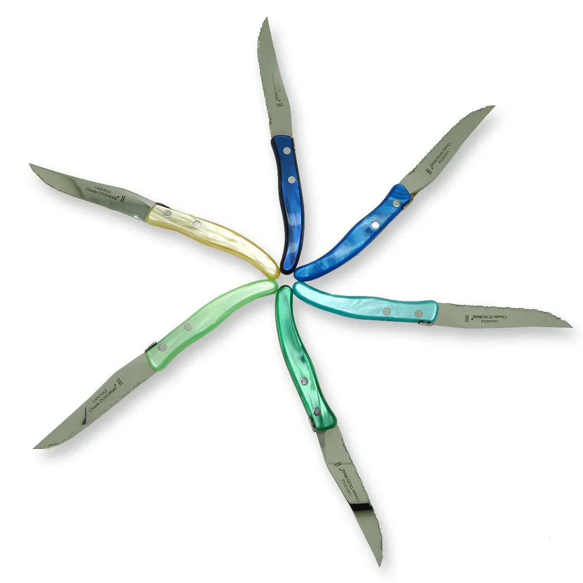 NEW Claude Dozorme Laguiole Steak Knife Gift Set of 6 Mixed Blue Green